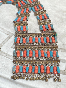 Vintage Egyptian Revival Coral and Faience Bead Necklace