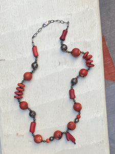 Vintage Red Coral and Silver Bead Necklace