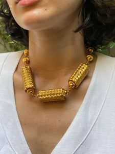 Vintage Oversized Woven Gold Tone Bead Necklace