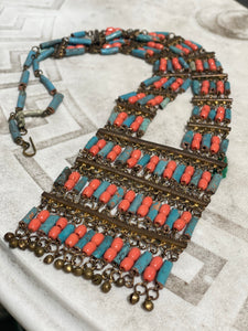 Vintage Egyptian Revival Coral and Faience Bead Necklace